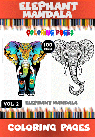 Coloring page featuring an elephant mandala design, promoting free coloring pages from artcoloringpage.com for a coloring book.