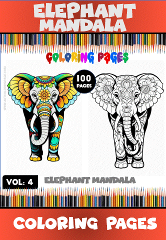 Elephant mandala coloring page featuring a colorful design and a black and white version for coloring, available at artcoloringpage.com.