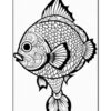 A detailed black and white illustration of a decorative fish featuring intricate patterns and designs.