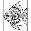 A decorative black-and-white outline drawing of a fish with intricate patterns on its body and fins.