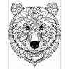 A detailed black-and-white illustration of a bear's face, featuring intricate floral patterns and symmetrical designs.
