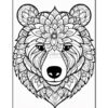 A detailed black and white coloring page featuring a bear's face adorned with floral patterns.