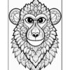 A detailed black and white illustration of a monkey's face, decorated with intricate floral and mandala patterns.