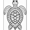 A stylized black and white illustration of a turtle with intricate patterns on its shell and flippers.