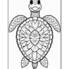 A detailed coloring page of a turtle with a mandala pattern on its shell and a smiling face.