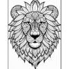 Intricate line art of a lion's head surrounded by ornate floral patterns, designed for coloring.