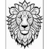 A detailed black and white illustration of a lion's head surrounded by intricate floral and geometric patterns.