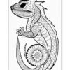 A decorated dragon coloring page featuring intricate patterns and designs throughout its body and tail.