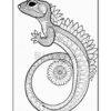 A detailed black and white outline drawing of a lizard adorned with intricate patterns and floral designs.