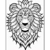 A detailed line art drawing of a lion's head surrounded by ornate floral patterns and mandala elements.