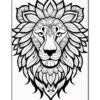 A detailed line art illustration of a lion's head surrounded by floral patterns and intricate designs.