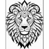 A detailed black and white line drawing of a lion's head surrounded by intricate floral patterns.