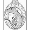 A detailed coloring page of a lizard surrounded by floral patterns and an oval frame.