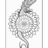 A detailed black and white illustration of a lizard resting on a large flower, surrounded by petals.