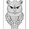An intricately designed owl coloring page featuring ornate patterns and stylized feathers.