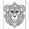 A detailed black and white line drawing of a stylized monkey face, featuring intricate patterns and designs.