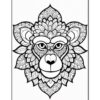 A detailed black and white mandala-style illustration of a lion's face surrounded by floral patterns.