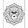 A detailed black and white illustration of a lion's face surrounded by intricate mandala patterns.