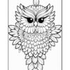 A detailed black and white illustration of an owl with intricate feather patterns and large expressive eyes, designed for coloring.