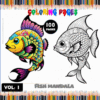 Coloring page featuring a vibrant fish mandala illustration alongside a black and white version, promoting a mandala coloring book series on artcoloringpage.com.