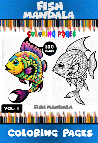 Coloring page featuring a vibrant fish mandala illustration alongside a black and white version, promoting a mandala coloring book series on artcoloringpage.com.