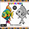 Coloring page featuring two fish mandalas, one colorful and one black and white, from the Mandala coloring book on artcoloringpage.com.