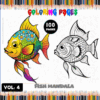 Colorful fish mandala coloring pages from artcoloringpage.com, featuring both a vibrant design and a black-and-white version for a coloring book. Free coloring pages included.