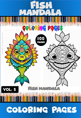 Fish mandala coloring pages showcasing two intricate fish designs for a coloring book, available for free at artcoloringpage.com.