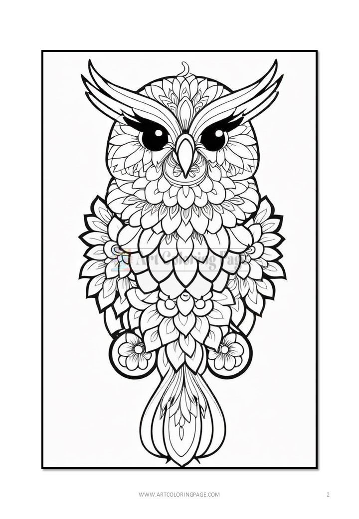 Intricate black and white illustration of an owl adorned with floral patterns.