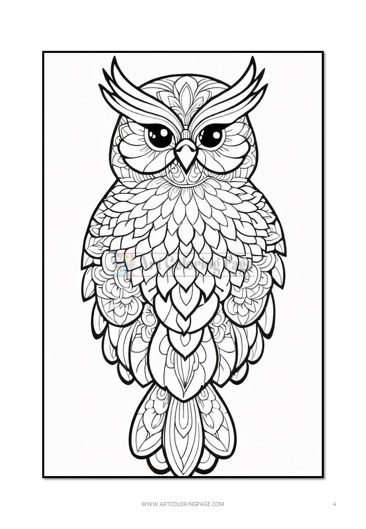 A detailed coloring page featuring an intricately designed owl with large eyes and feather patterns.