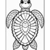 A detailed line art illustration of a turtle with an intricate shell design, suitable for coloring.