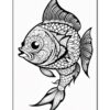 A detailed black and white illustration of a fish, featuring intricate patterns and floral designs throughout its body.