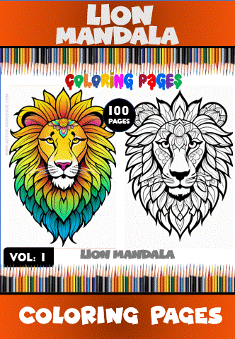 Lion mandala coloring pages featuring two designs: a colorful lion and a detailed floral lion for a Mandala coloring book on artcoloringpage.com.