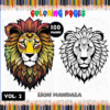 Coloring page featuring a detailed lion mandala design with vibrant colors on one side and a black and white version on the other, promoting artcoloringpage.com.