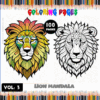 Colorful lion mandala designs featured in a coloring book, ideal for mandala coloring pages from artcoloringpage.com.