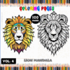 Coloring pages featuring a colorful lion mandala design and a black-and-white version, promoting a Mandala coloring book from artcoloringpage.com.