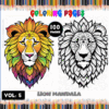 Lion mandala coloring page featuring a colorful lion with a floral mane on one side and a black-and-white outline on the other. Ideal for a Mandala coloring book from artcoloringpage.com.