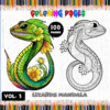 Lizards Mandala coloring page showcasing a vibrant lizard design alongside a black and white version, featured in a 100-page Mandala coloring book from artcoloringpage.com.