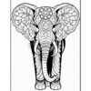 A detailed black and white illustration of an elephant adorned with intricate floral patterns and mandala designs.