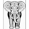 A detailed black-and-white illustration of an elephant adorned with flowers and intricate patterns.