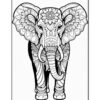 An intricately designed black and white elephant illustration featuring detailed floral patterns and decorative elements.