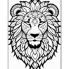 A detailed black and white line art illustration of a lion's head with intricate floral and mandala patterns.