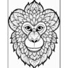 A detailed and intricate black and white illustration of a monkey’s face adorned with decorative patterns.
