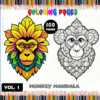 Colorful cover for a monkey mandala coloring book showcasing vibrant mandala designs on the left, with a black and white version on the right, ideal for coloring enthusiasts. Visit artcoloringpage.com for more mandala coloring pages.