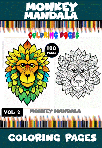 Two mandala coloring pages featuring intricate monkey designs, part of the Monkey Mandala coloring book by artcoloringpage.com, with 100 pages available.