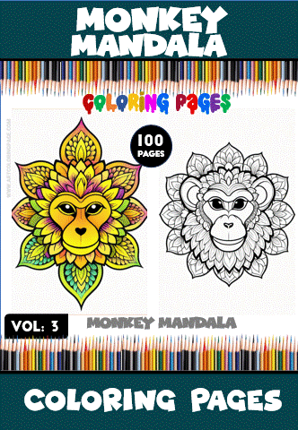 A colorful monkey mandala design alongside a black and white version, showcasing the variety in a Mandala coloring book from artcoloringpage.com with 100 pages of mandala coloring pages.