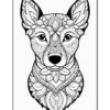 A detailed line drawing of a stylized dog’s face, featuring intricate floral and mandala patterns.