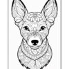 A detailed black and white line art illustration of a stylized dog with intricate floral patterns.