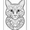 A detailed black and white illustration of a cat's head adorned with intricate patterns and floral elements.
