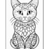 A detailed line art illustration of a cat with floral patterns and intricate designs, suitable for coloring.